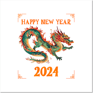 Fantasy Dragon: Happy New Year 2024 in Green, Orange, Red & Yellow! Posters and Art